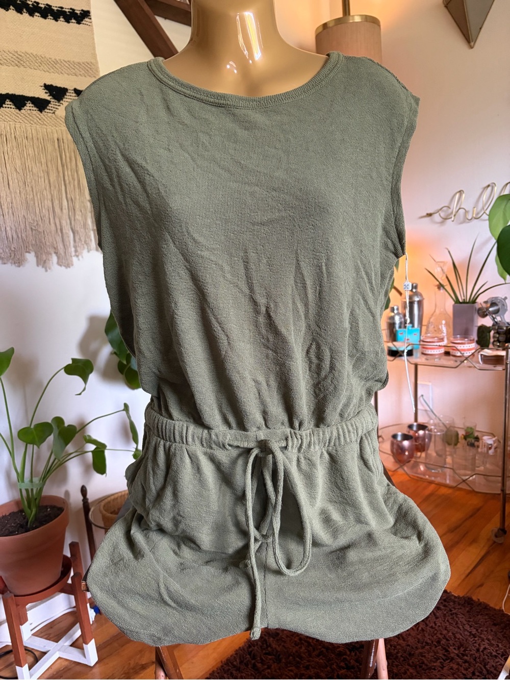 Sleeveless Olive Drawstring Waist Romper
